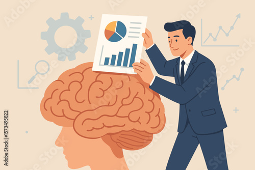 Data scientist analyzing information. Businessman putting a graph chart report into a human brain. Metaphor for big data, business intelligence, market research, and knowledge.