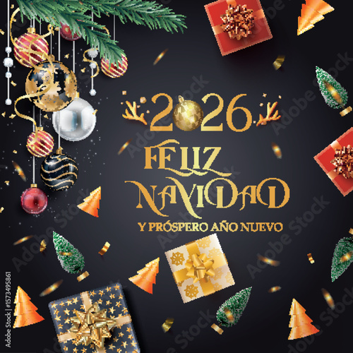 Tarjeta o pancarta para desear una Feliz Navidad y un Próspero Año Nuevo 2026 en dorado sobre fondo negro con bolas navideñas, regalos, una rama de abeto, un abeto en diferentes colores a su alrededor