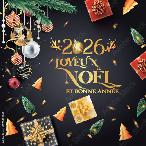 Carte ou bandeau pour souhaiter un Joyeux Noël et une Bonne Année 2026 en or sur fond noir avec autour des boules de Noël, des cadeaux, une branche de sapin, un sapin de différentes couleurs	