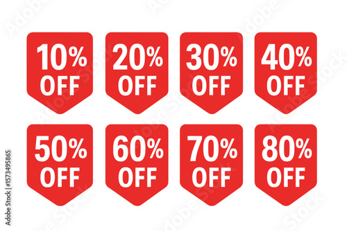 Red Discount Sale Tag Set, Shopping Promotion Badges, 10 20 30 40 50 60 70 80 Percent Off, Vector Labels, Price Reduction, Special Offer, Retail Marketing, Transparent Background