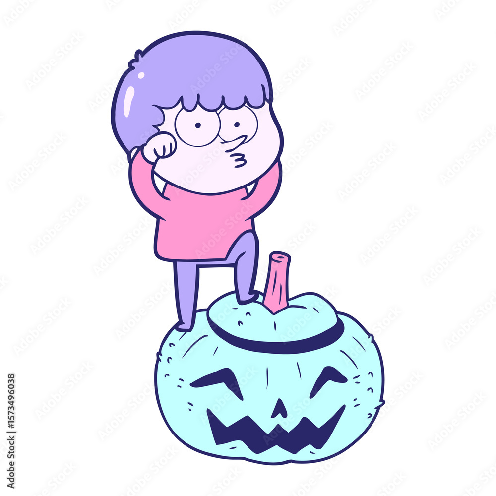 cartoon boy climbing huge pumpkin in bright neon color cartoon boy climbing huge pumpkin in bright neon color