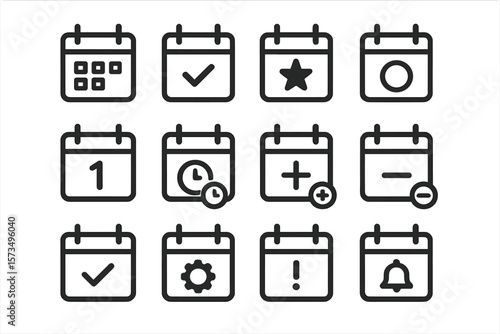 Calendar icon set for app and website UI design. Vector symbols for event organizer, planner, and reminder. Business plan schedule signs. Date, time, add, notification.