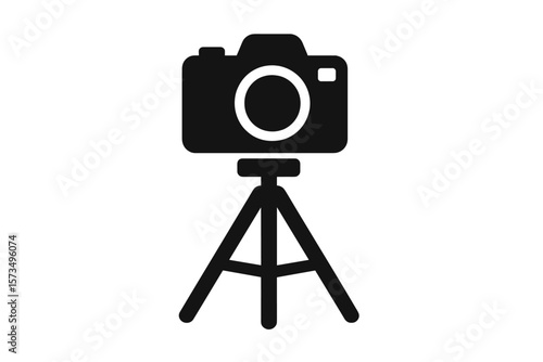 Camera on tripod icon, photography equipment symbol. Photo gear for photographer, videography and vlogging concept. Simple flat vector illustration isolated on white background.