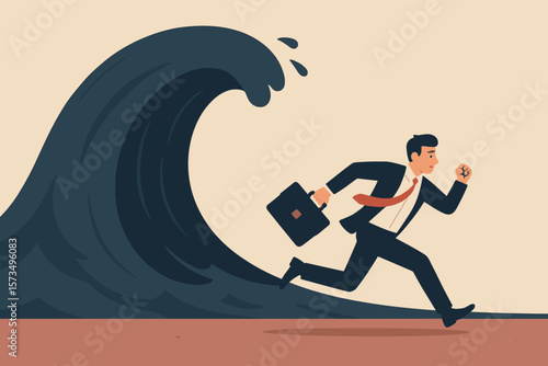 Businessman running from giant wave symbolizing crisis, recession, risk, adversity, challenge, danger, uncertainty, vulnerability, escape, survival, hopeless situation