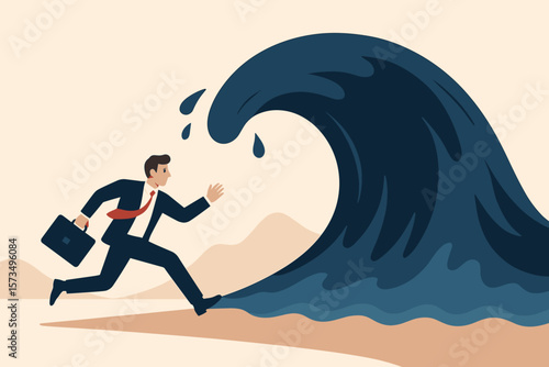 Businessman escaping crisis wave. Economic recession risk. Adversity, challenge, danger, uncertainty, vulnerability, survival, hopelessness, running from business disaster.