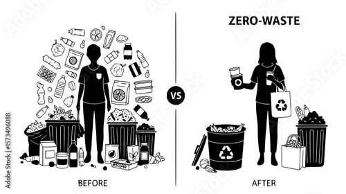 Zero waste concept illustrated with before and after scenarios showing waste reduction and sustainable lifestyle choices.