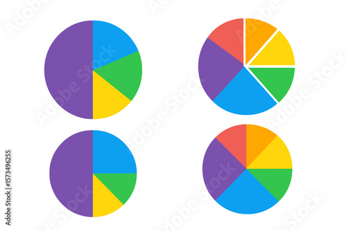 Set of colorful pie charts for business data visualization and infographics. Vector diagram elements for statistics, analysis, reports, and presentations. Market share concept.