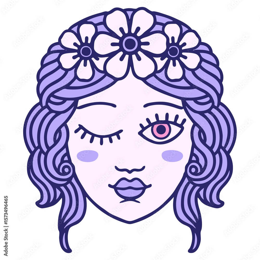 iconic tattoo style image of a maidens face winking in bright neon color iconic tattoo style image of a maidens face winking in bright neon color