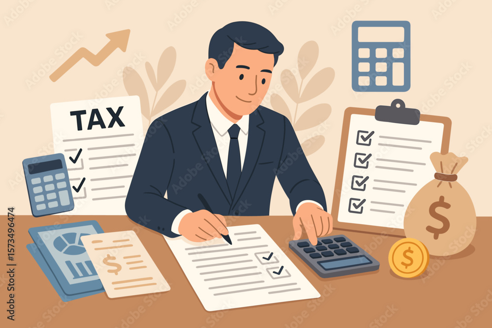 Businessman filing income tax returns, calculating revenue, completing tax forms, financial checklist, deductions, refunds, payments, accounting, finance management concept Businessman filing income tax returns, calculating revenue, completing tax forms, financial checklist, deductions, refunds, payments, accounting, finance management concept