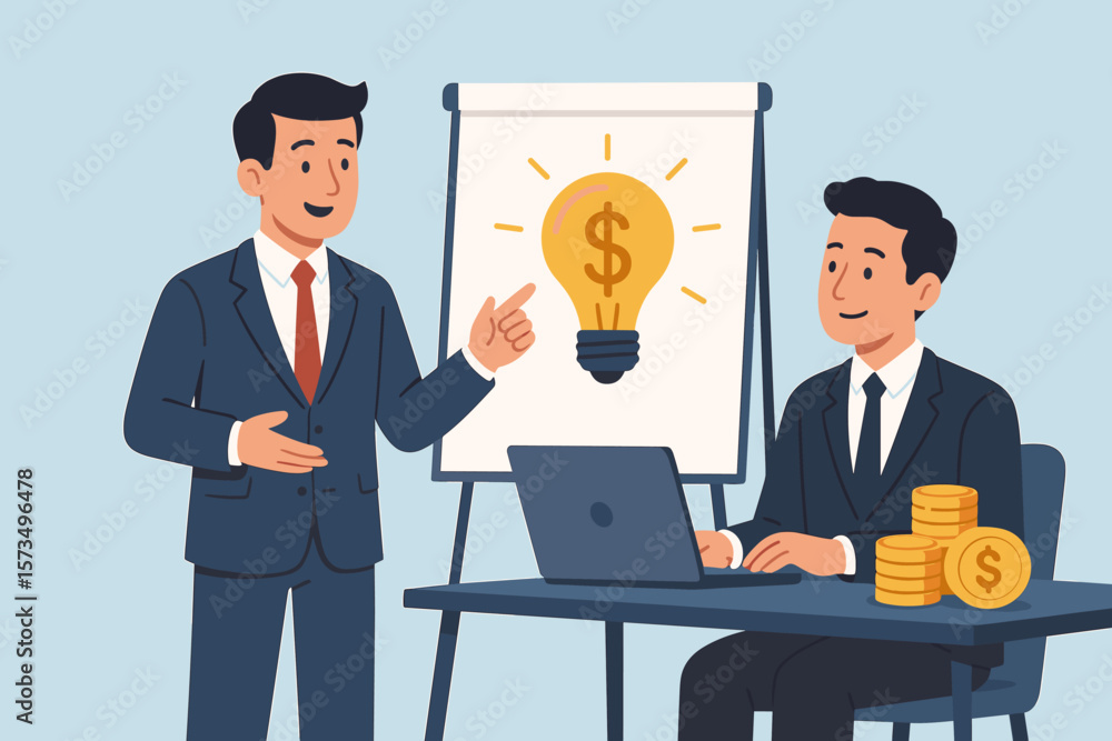 Business idea pitching, startup funding presentation, venture capital investment meeting, entrepreneurs discussing money, financial growth, profit strategy concept illustration Business idea pitching, startup funding presentation, venture capital investment meeting, entrepreneurs discussing money, financial growth, profit strategy concept illustration