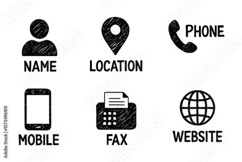 Hand-drawn contact us icon set. Business card sketch icons collection with name, address, location, phone, mobile, fax, and website symbols. Doodle vector illustration.