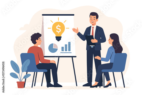 Business idea pitching, startup funding presentation, venture capital investment meeting, entrepreneur discussing financial growth, money making strategy, business analysis concept
