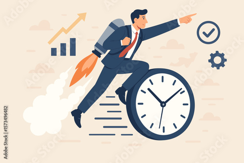Businessman with jetpack riding flying clock, symbolizing time management, productivity boost, efficiency, deadline success, performance improvement, rapid business growth, achievement