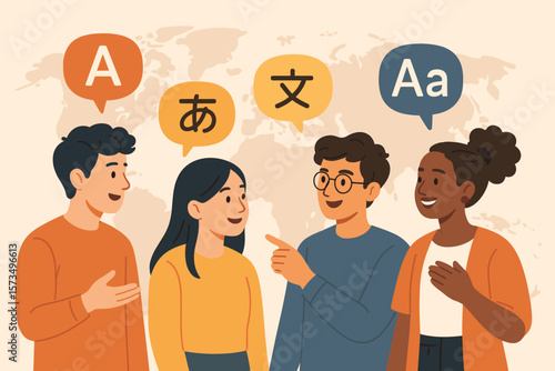 Multilingual communication, language learning, international translation, global education, diverse young adults, speech bubbles, foreign languages, cultural exchange, teamwork