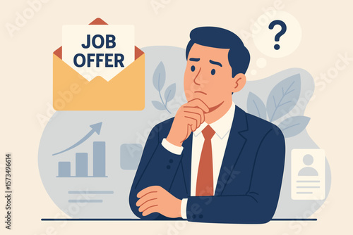 Job offer opportunity promotion new position higher salary employment recruitment HR concept. Businessman candidate thinking decision making career growth job application success