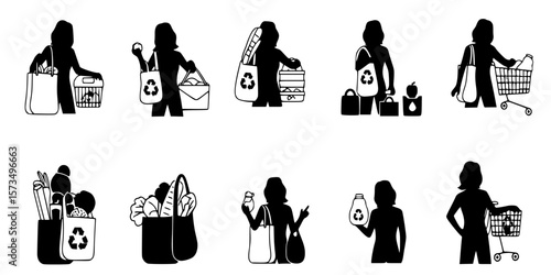 Silhouettes of shoppers with reusable bags promote eco-friendly living and sustainable grocery shopping habits for a greener future.