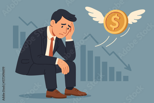 Financial loss, business failure, investment mistake, debt crisis, bankruptcy, recession concept. Sad businessman watches flying money, economic downturn, hopeless, stress, despair