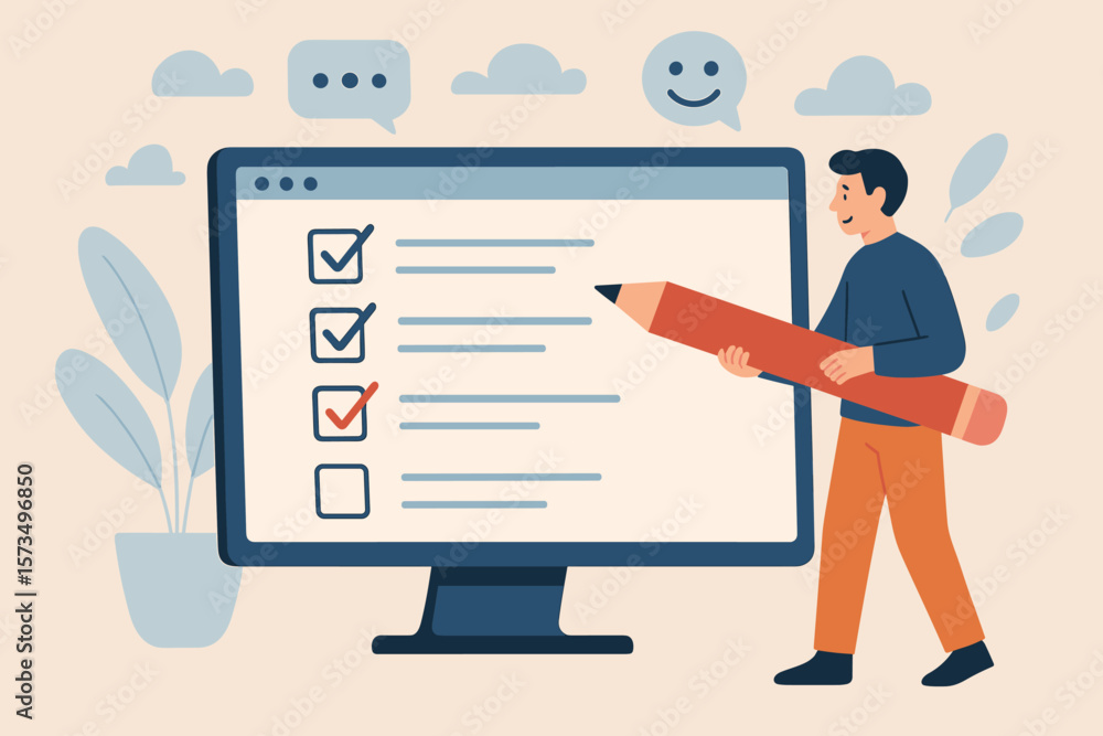 Online questionnaire survey, customer feedback checklist, internet exam, opinion poll, answer question, surveyor poll concept, man with pencil completing checklist Online questionnaire survey, customer feedback checklist, internet exam, opinion poll, answer question, surveyor poll concept, man with pencil completing checklist