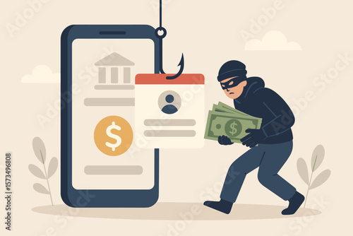 Mobile banking scam phishing attack, online fraud, thief stealing money, cybercrime, hacker with cash, smartphone app security breach, financial identity theft concept