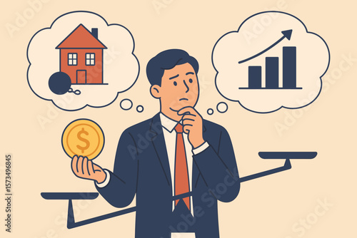 Financial decision making dilemma. Businessman weighing debt repayment versus investment for profit. Money management, investment strategy, risk analysis, economic growth concept