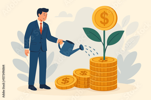 Businessman Investor Watering Money Plant on Coin Stack. Mutual Fund, Investment Growth, Wealth Management, Profit Increase, Savings, Pension Fund, Financial Success Concept