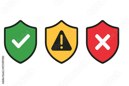 Security shield icons with check mark, warning and cross. Concept of safety, protection, approval, alert and error. Confirmation, rejection and status vector symbols set.
