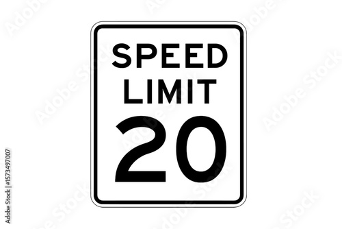 Speed limit 20 mph sign. Twenty miles per hour traffic regulatory sign. Road safety symbol. Street warning icon. Isolated vector illustration on transparent background.