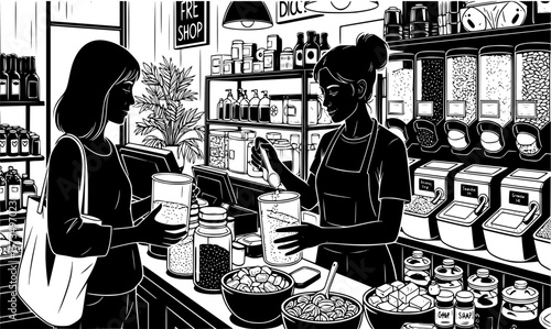 Shoppers fill containers at a sustainable bulk food store, embracing zero waste and eco friendly practices for a healthier lifestyle.