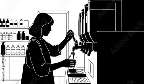 Woman refills bottle with liquid from dispenser in retail environment offering sustainable refill options.