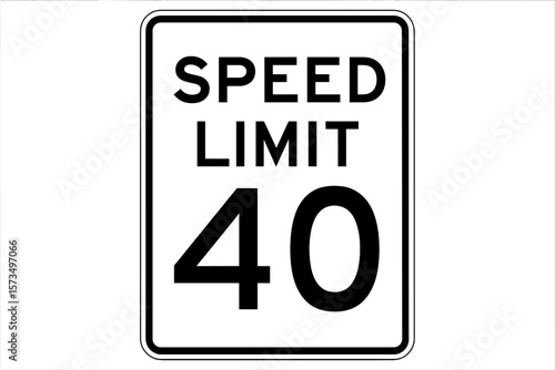 Speed Limit 40 Road Sign. Traffic Regulation Symbol. Driving Safety. Black and White Regulatory Sign. Urban Street Signage. Vector Illustration. Printable Clipart. Transportation Concept.