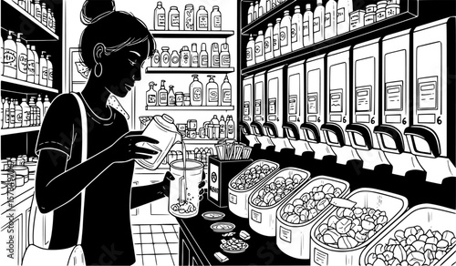 Woman refills containers at a sustainable zero waste grocery store for a conscious eco-friendly shopping experience.