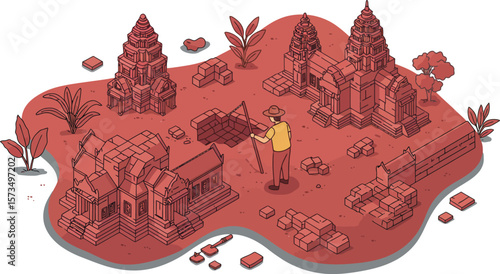 Ancient temple ruins with person exploring detailed historical site vector illustration in earthy red tones 