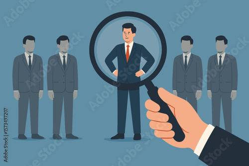 Human Resources Recruitment Concept, Head Hunting, Talent Search, Job Vacancy Selection, Employer or HR Using Magnifying Glass, Business Candidate Evaluation, Company Hiring Process
