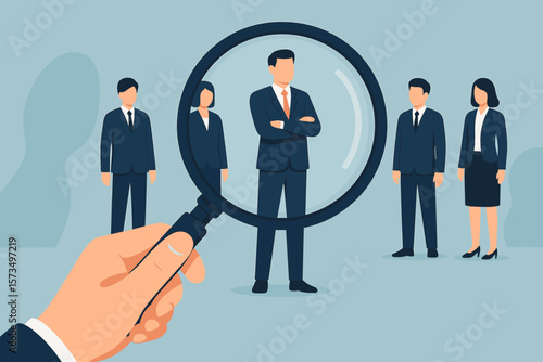 Human resources recruitment concept. Employer using magnifying glass to search, select, and identify best candidate. Head hunting, job vacancy, talent acquisition, staff hiring