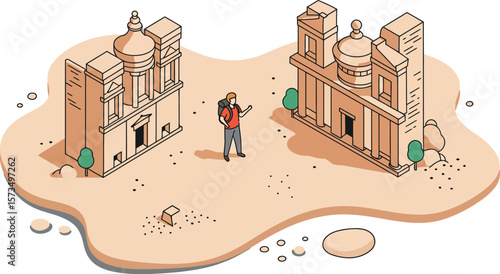 Tourist exploring ancient ruined buildings with desert sand terrain and sparse vegetation vector illustration 