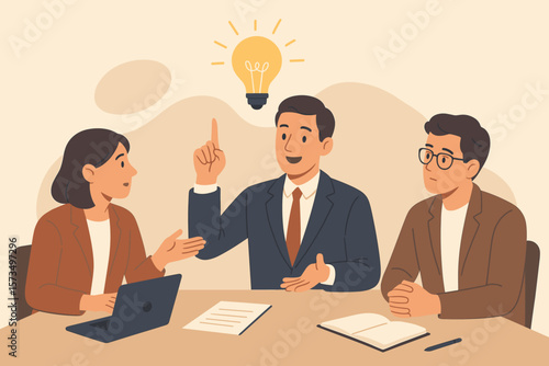 Business meeting brainstorming session with expert leader giving advice, creative solution concept, teamwork discussion, professional collaboration, innovation and eureka moment