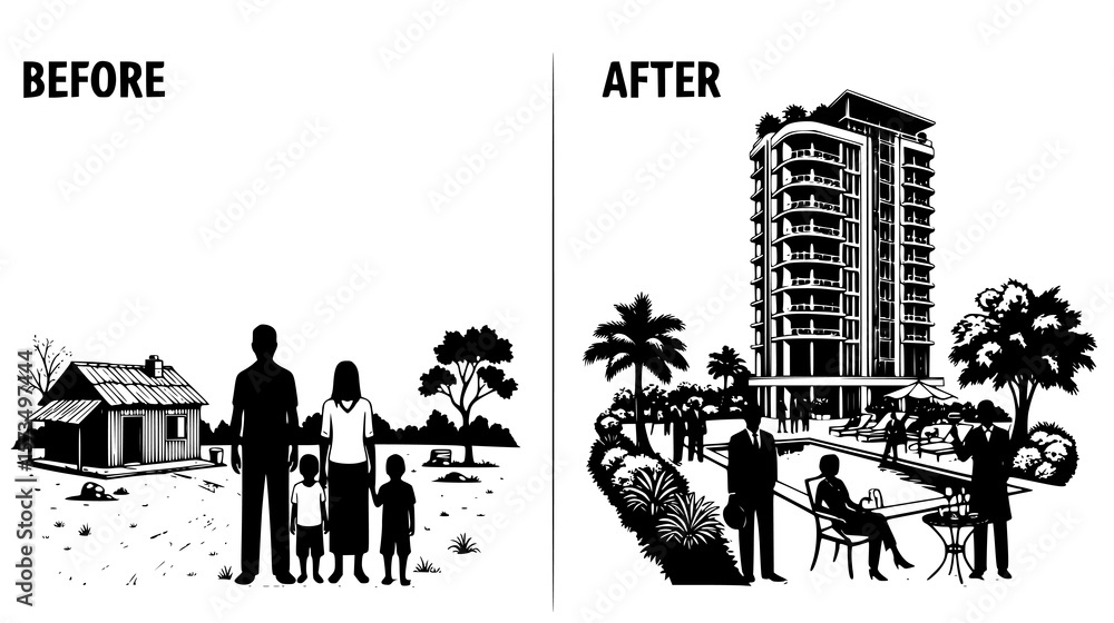 Naklejka premium A powerful illustration showing transformation from rural home to modern building, growth and evolution.