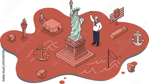 Statue of Liberty vector illustration with maritime elements and person observing landmark in orange background 