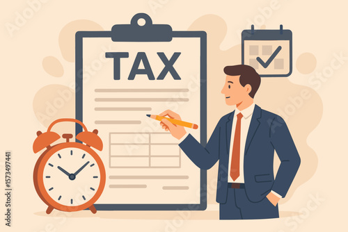 Tax deadline reminder, income tax planning, government payment date, financial refund, schedule and revenue calculation concept, businessman with tax form and alarm clock