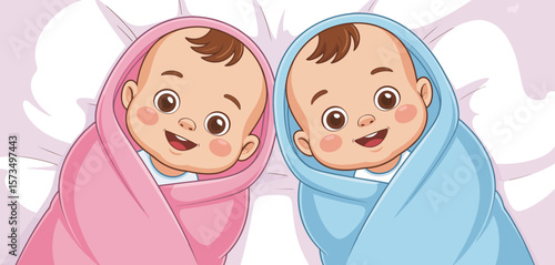 Two Cute Cartoon Babies Wrapped in Blankets