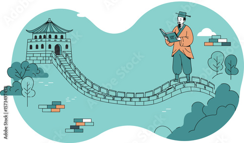 Musician playing flute with musical notes connecting traditional building in blue and orange vector illustration 