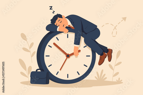 Procrastination, wasted time, lazy businessman sleeping on clock, low productivity, lack of motivation, tired office worker, slow work pace, self-discipline problem concept