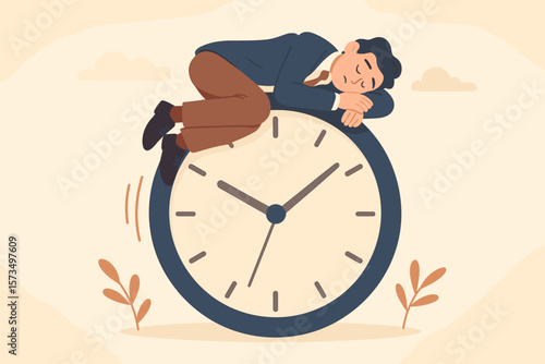 Procrastination and Wasted Time Concept. Lazy Businessman Sleeping on Clock. Low Productivity, Lack of Motivation, Self Discipline Problem, Tired Office Worker Illustration