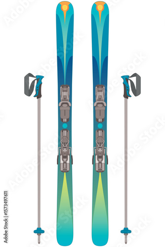 half-pipe skiing, pair of skis and ski poles standing isolated on a white background