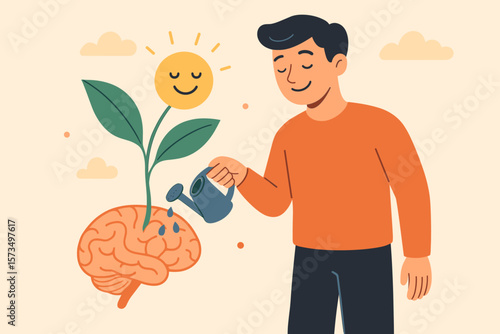 Positive mindset mental health self care concept. Man watering brain growing happy flower. Emotional wellbeing, happiness, relaxation, reduce anxiety, nurture positive attitude illustration
