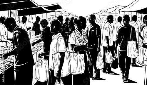Animated scene portrays a bustling market with numerous people shopping and exploring various stalls and merchandise.