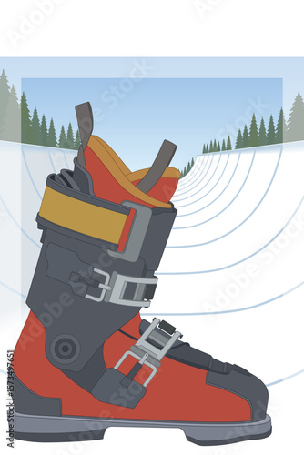half-pipe skiing, ski boot in profile with snow covered pipe in the background