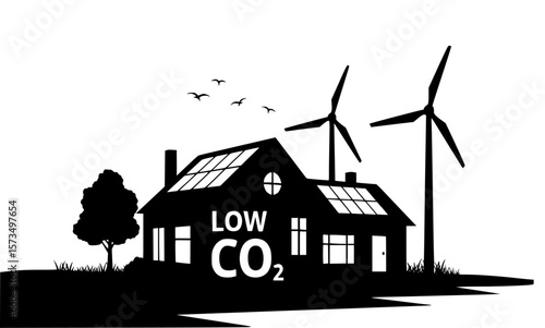 Home with solar panels and wind turbines signifies a commitment to clean energy and low carbon footprint.