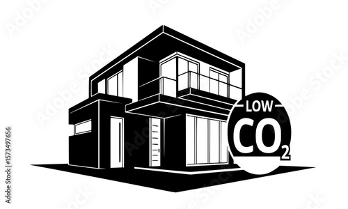 Contemporary house design promoting low carbon dioxide emissions with a minimalist modern black and white facade.