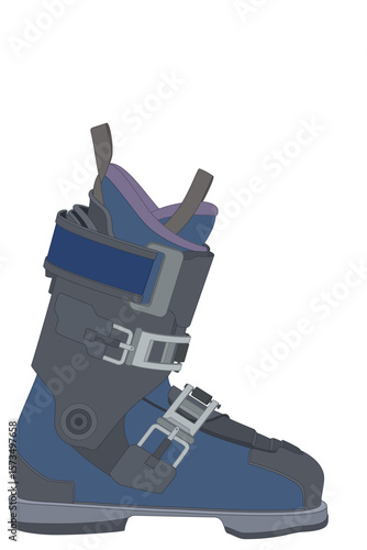 half-pipe skiing, ski boot in profile isolated on a white background
